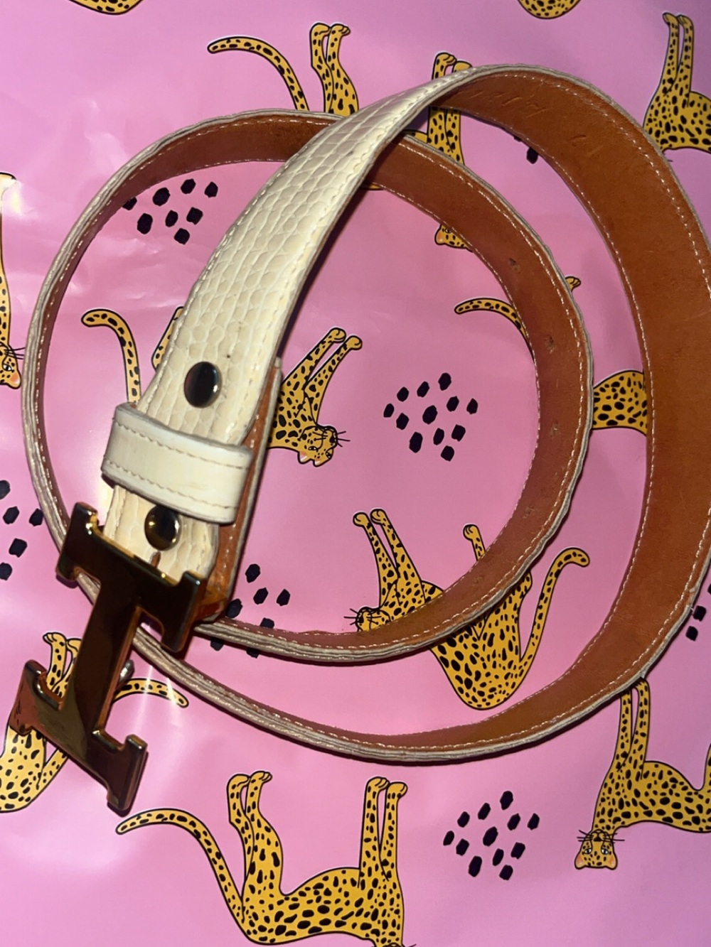 Cream Leather Womens Belt with Gold Statement Buckle